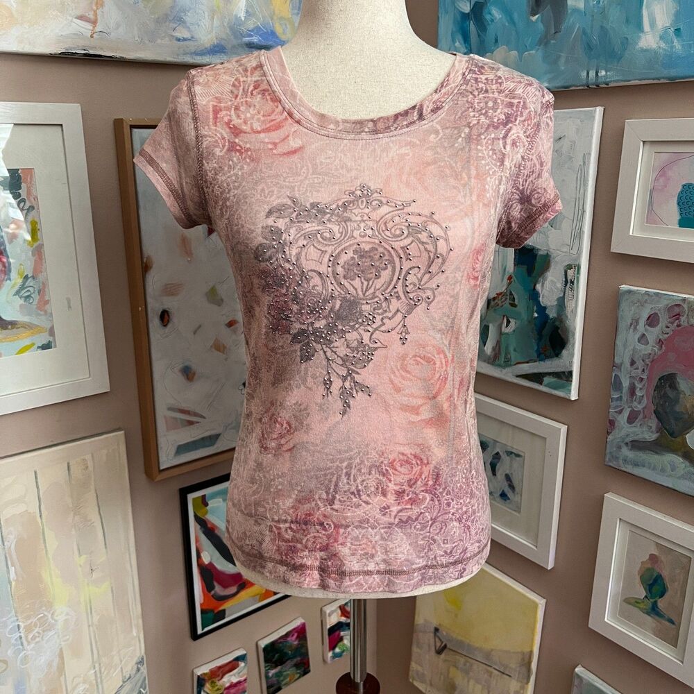 Y2K apt. 9 Pink Floral Graphic Tee Fairy Grunge Rhinestone Romantic Top Size S